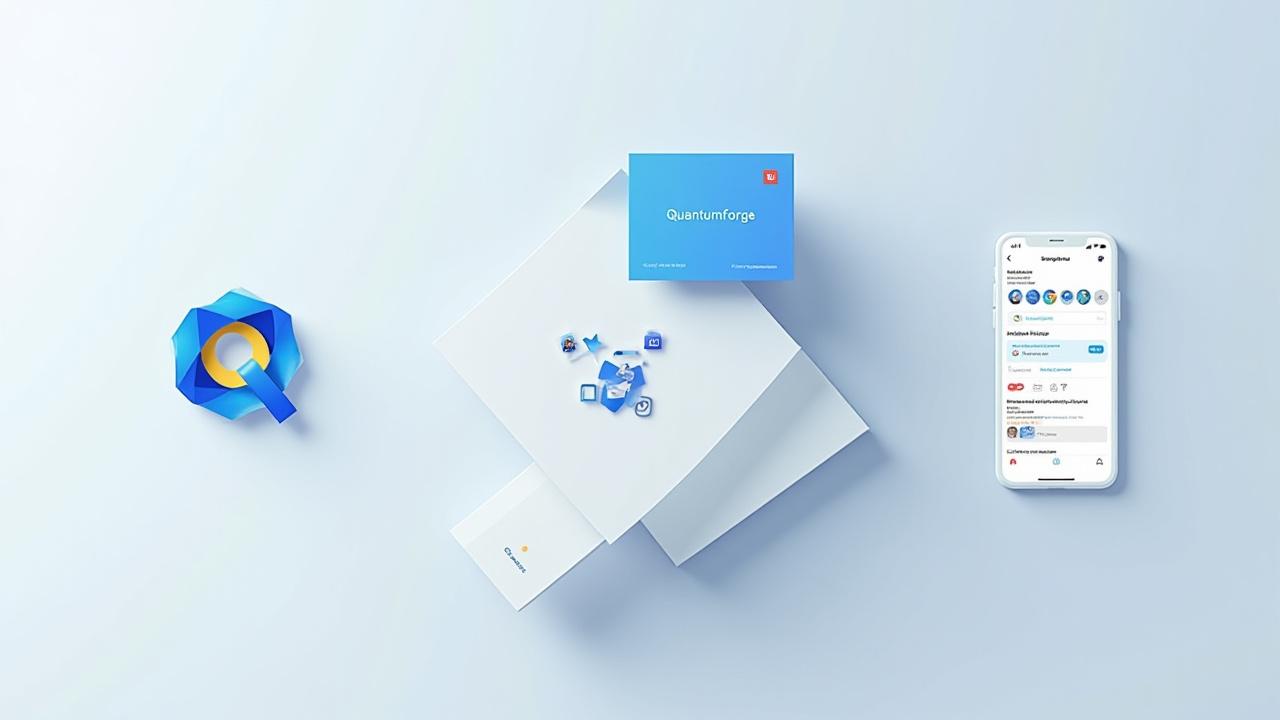 Desglose de identidad visual para la startup 'QuantumForge', mostrando logo en web, tarjeta de visita y perfil de red social.
