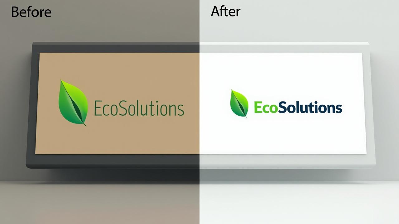 Rebranding del antes y después de 'EcoSolutions', mostrando un cambio de un logo genérico a una identidad moderna y sostenible.