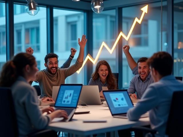Gráfica de crecimiento exponencial con un equipo de startup celebrando el progreso.