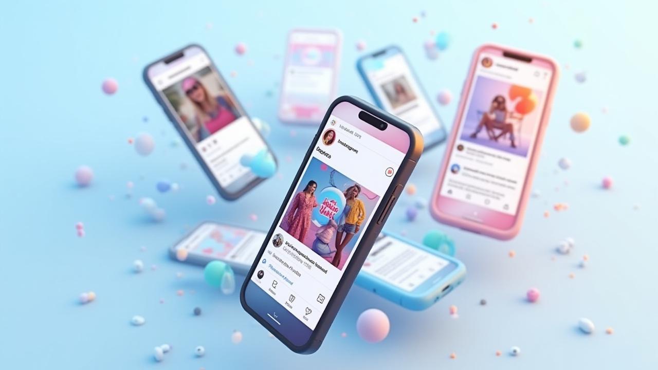 Collage dinámico de mockups de móviles mostrando perfiles de Instagram, TikTok y LinkedIn con contenido creativo y vibrante