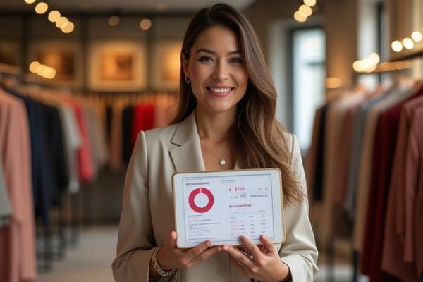 Propietaria de tienda de moda online sonriendo junto a su marca digital.