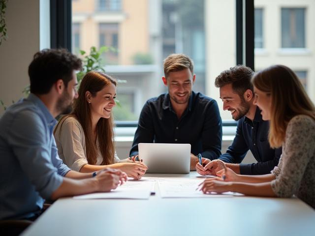 Equipo de Marketing Creativo Empresarial colaborando y sonriendo en una oficina luminosa.