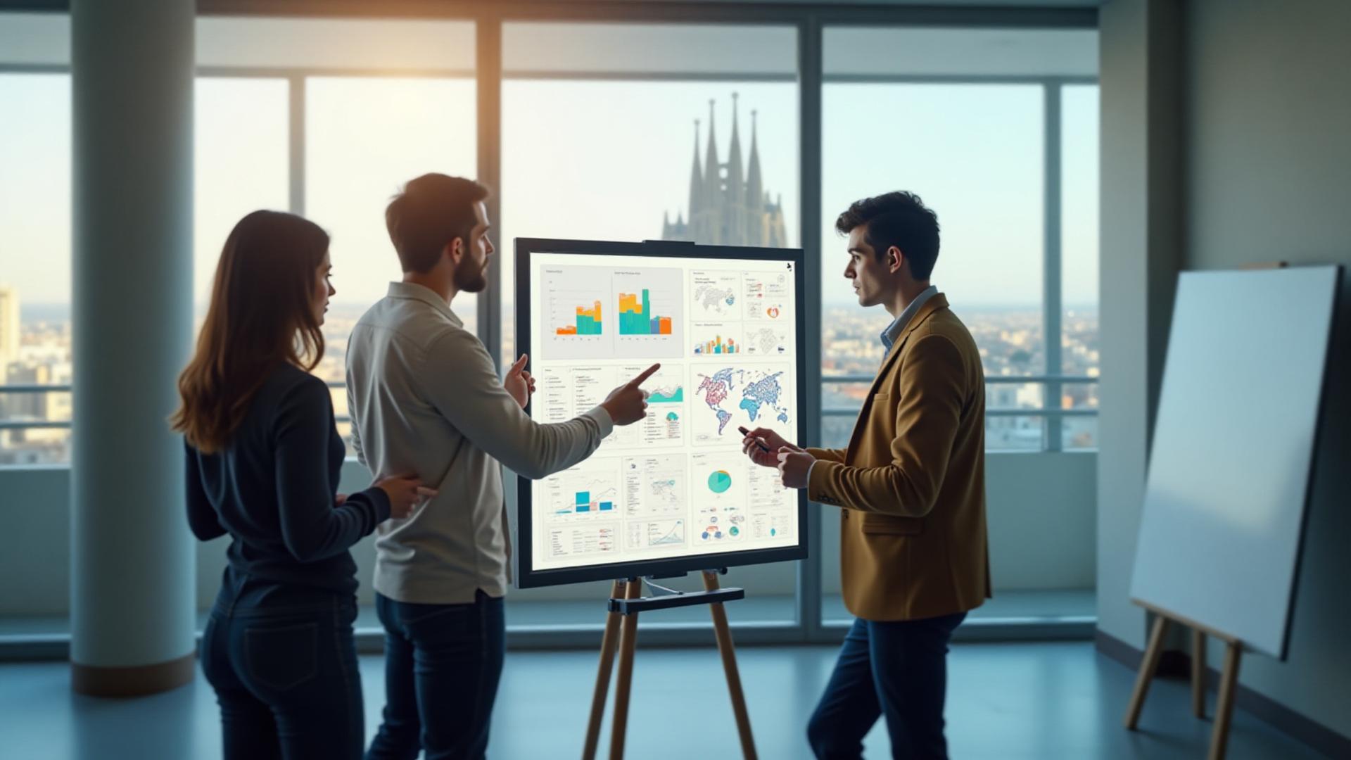 Equipo de marketing trabajando colaborativamente en una oficina moderna y luminosa, simbolizando innovación y estrategia digital en Barcelona.