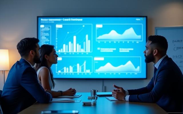 Profesionales en una reunión de negocios con un tablero digital mostrando estrategias B2B.