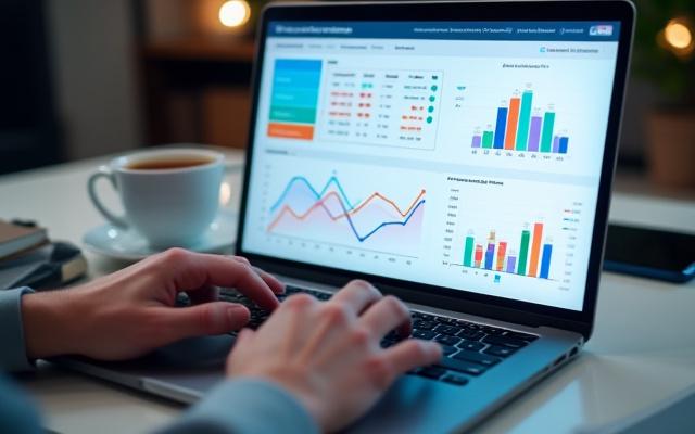 Analítica de ventas de comercio electrónico en una pantalla con gráficos de crecimiento.