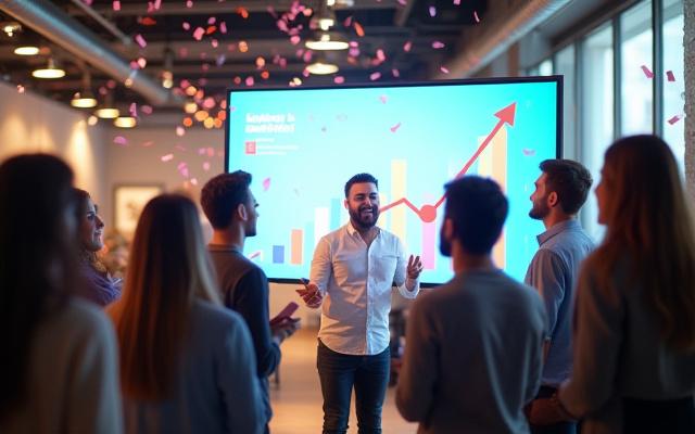 Equipo de startup celebrando un éxito con gráficos de crecimiento exponencial.