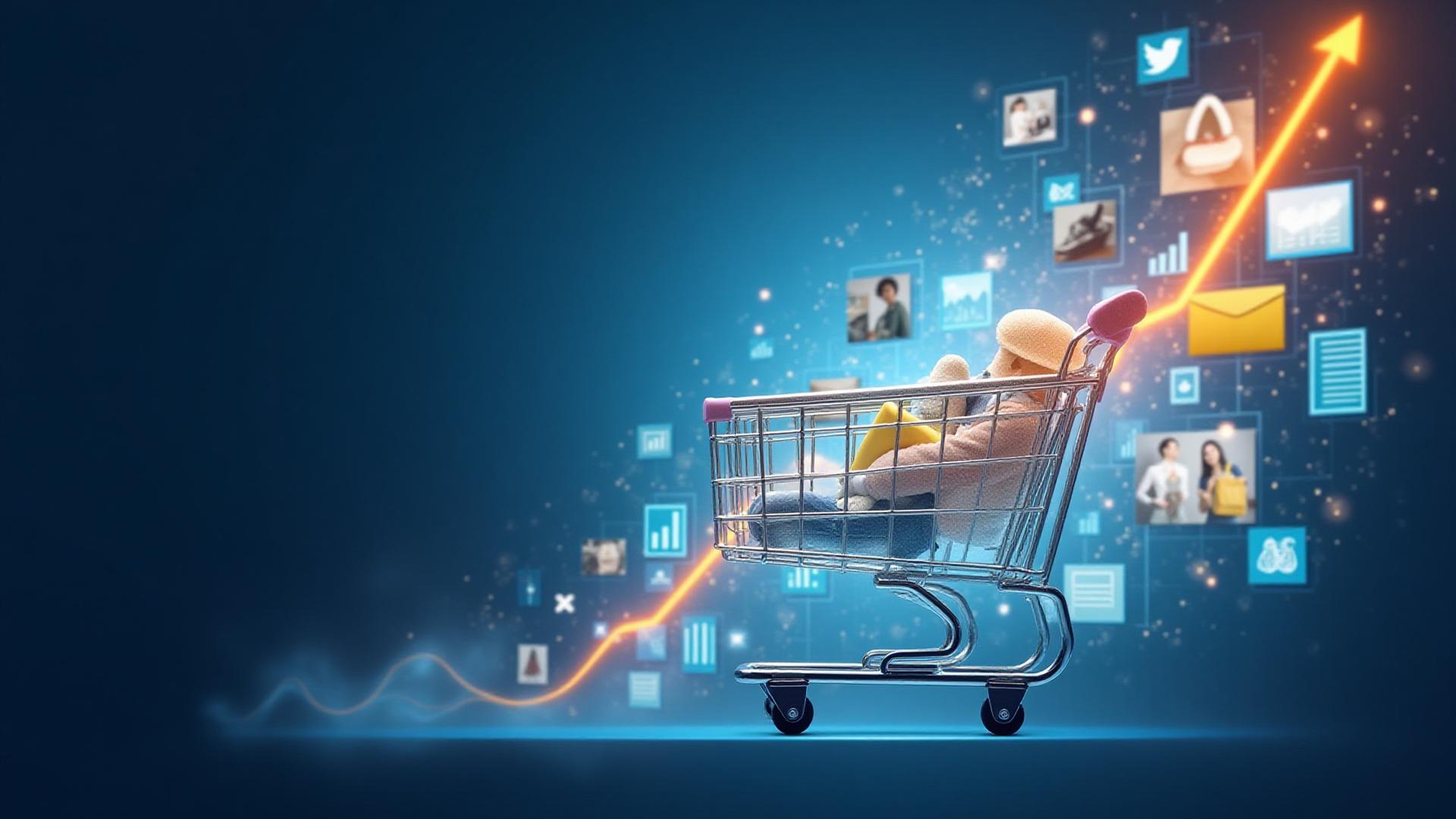 Collage dinámico de productos, gráficos de ventas ascendentes y logos de plataformas de pago para eCommerce