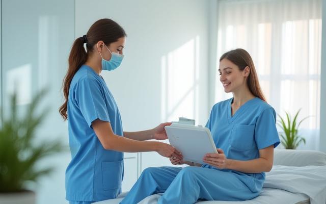 Profesional de la salud atendiendo a un paciente en una clínica moderna.