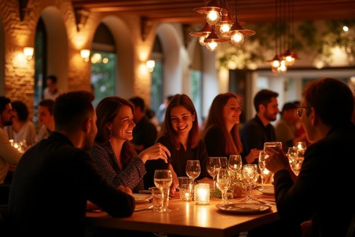 Interior vibrante de un restaurante en el barrio de Gràcia, Barcelona, con clientes disfrutando la cena.