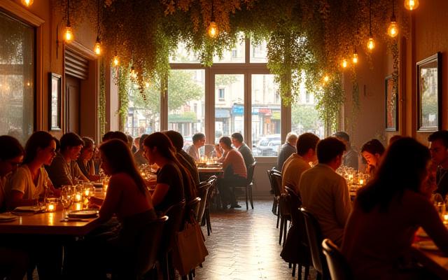 Interior acogedor de un restaurante en Barcelona con mesas llenas y ambiente cálido.